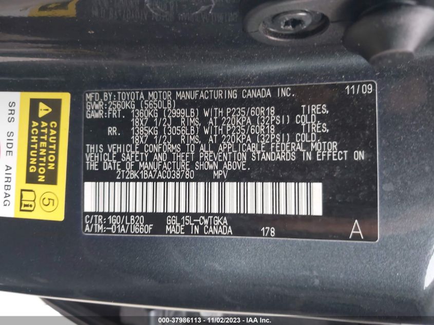 2010 Lexus Rx 350 VIN: 2T2BK1BA7AC038780 Lot: 37986113