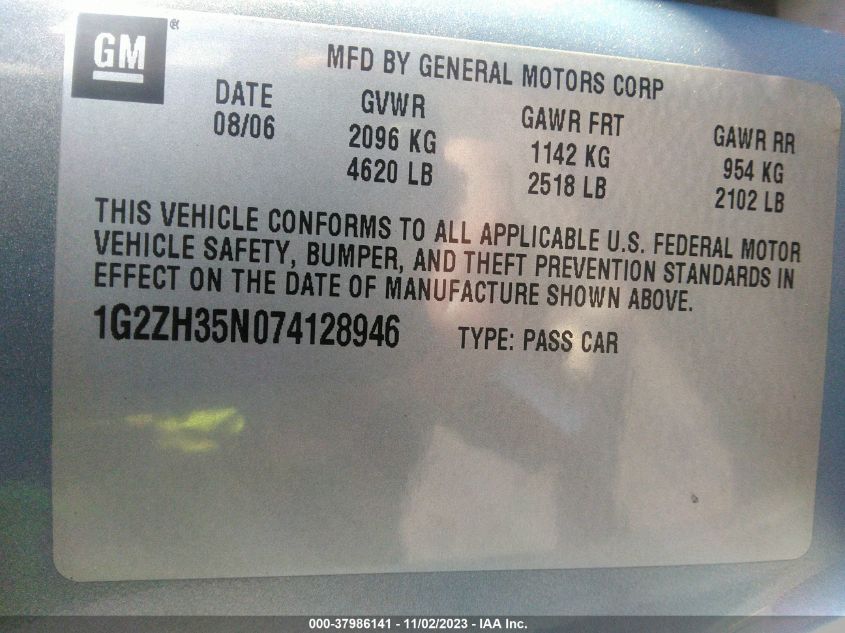 2007 Pontiac G6 Gt VIN: 1G2ZH35N074128946 Lot: 37986141