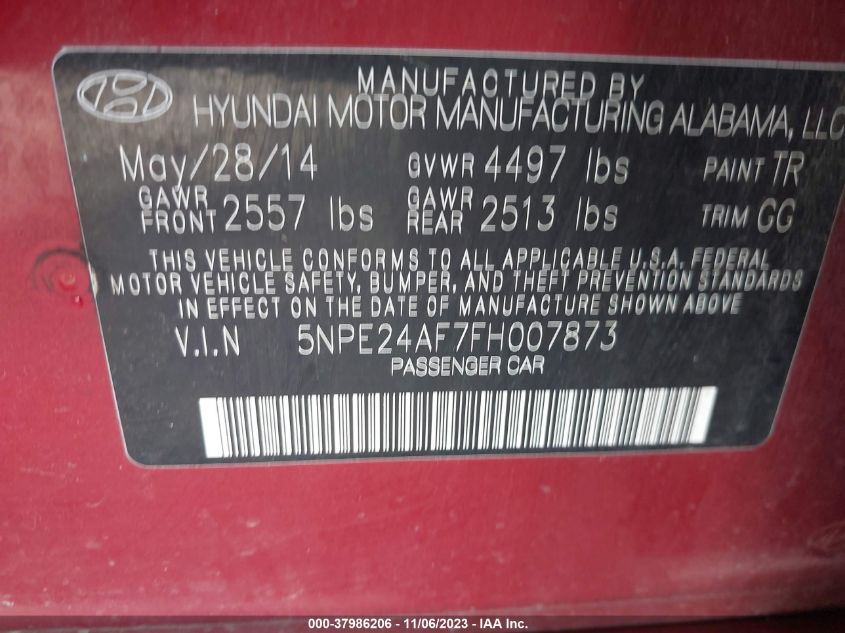 2015 Hyundai Sonata Se VIN: 5NPE24AF7FH007873 Lot: 37986206