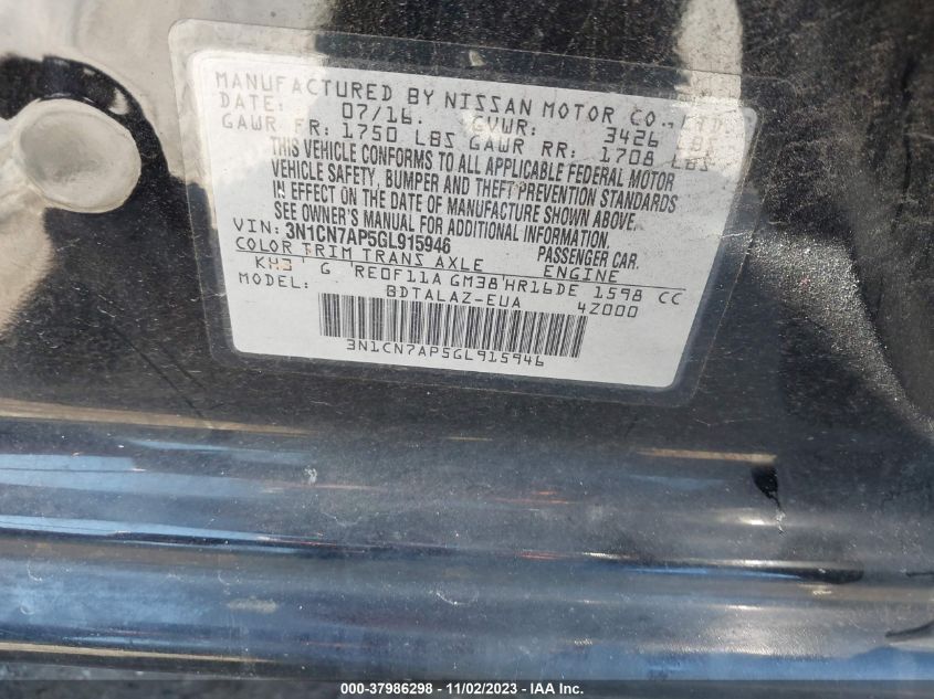 2016 Nissan Versa 1.6 S+ VIN: 3N1CN7AP5GL915946 Lot: 37986298