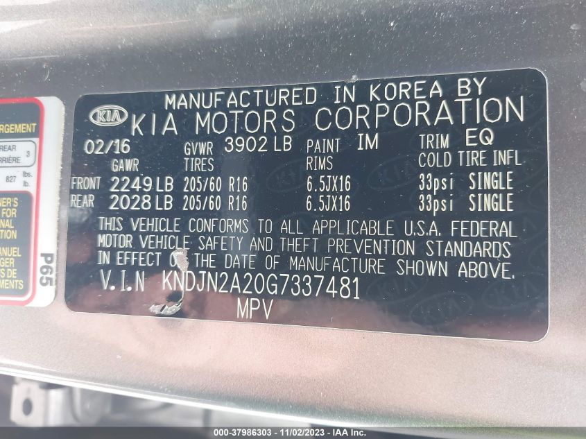 2016 Kia Soul Base VIN: KNDJN2A20G7337481 Lot: 37986303