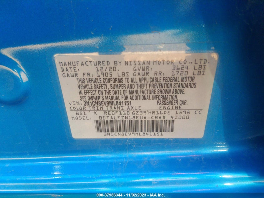 2021 Nissan Versa Sv Xtronic Cvt VIN: 3N1CN8EV9ML841151 Lot: 37986344
