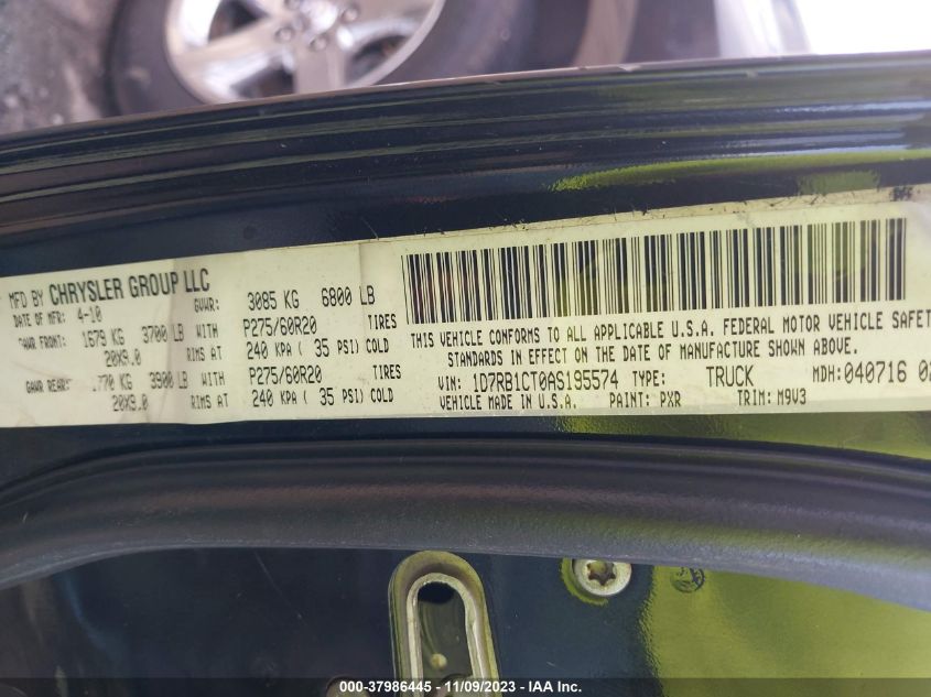 2010 Dodge Ram 1500 Slt/Sport/Trx VIN: 1D7RB1CT0AS195574 Lot: 37986445