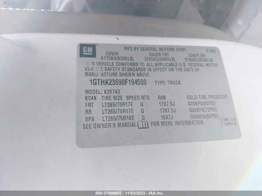 2008 GMC Sierra 2500Hd Slt VIN: 1GTHK23698F194500 Lot: 37986652