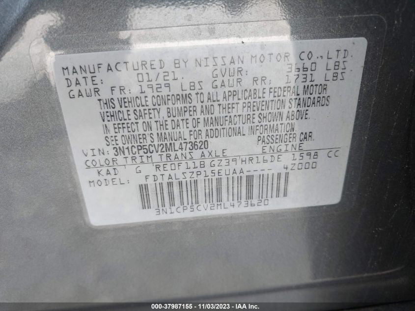 3N1CP5CV2ML473620 2021 Nissan Kicks Sv Xtronic Cvt