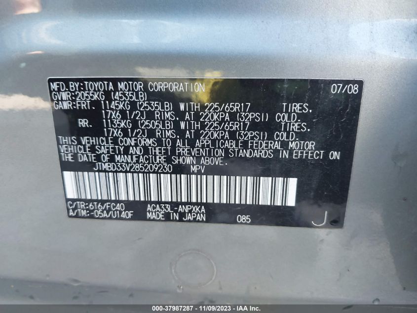 2008 Toyota Rav4 VIN: JTMBD33V285209230 Lot: 37987287