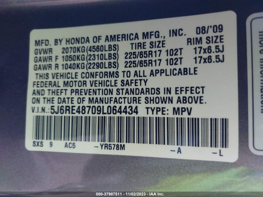 2009 Honda Cr-V Ex-L VIN: 5J6RE48709L064434 Lot: 37987511