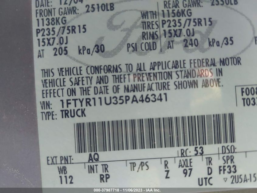 2005 Ford Ranger Edge/Xl/Xlt VIN: 1FTYR11U35PA46341 Lot: 37987718