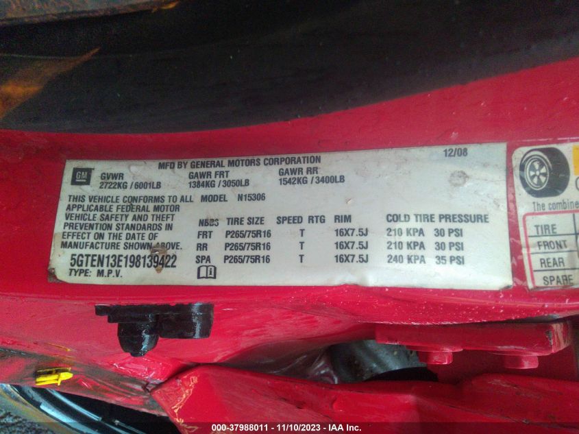 2009 Hummer H3 Suv VIN: 5GTEN13E198139422 Lot: 37988011