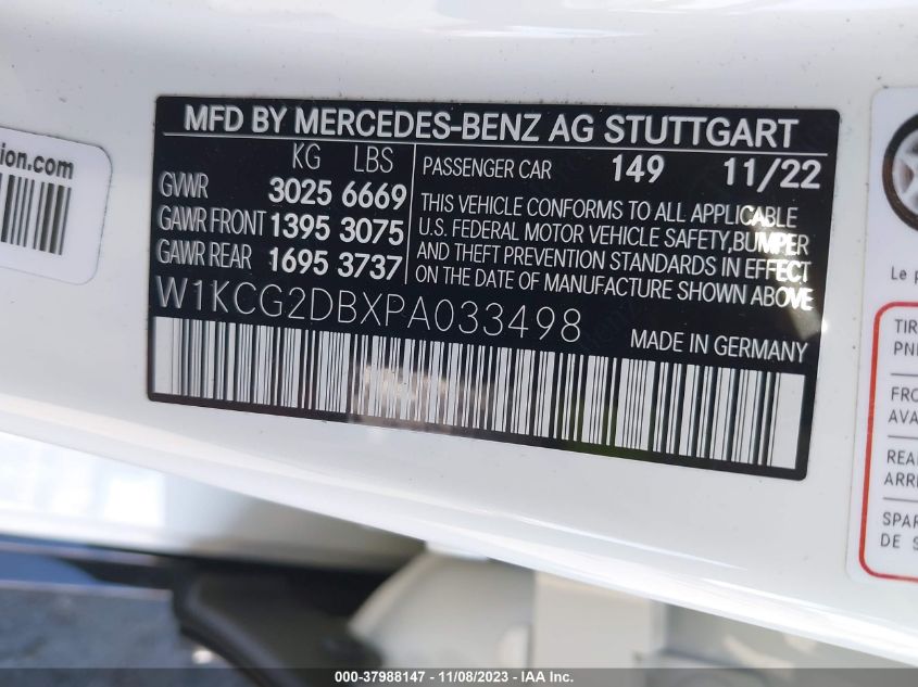 2023 Mercedes-Benz Eqs 450 VIN: W1KCG2DBXPA033498 Lot: 37988147