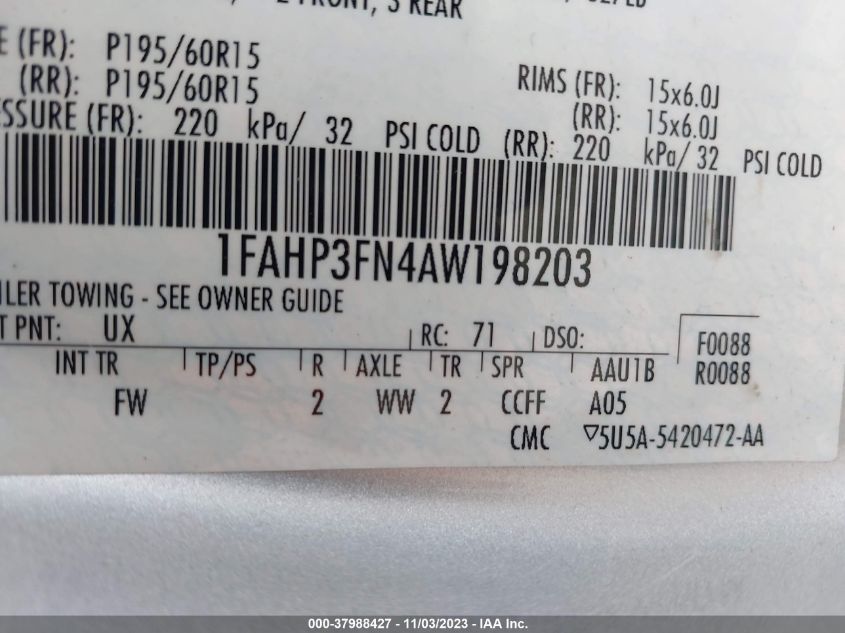 2010 Ford Focus Se VIN: 1FAHP3FN4AW198203 Lot: 37988427