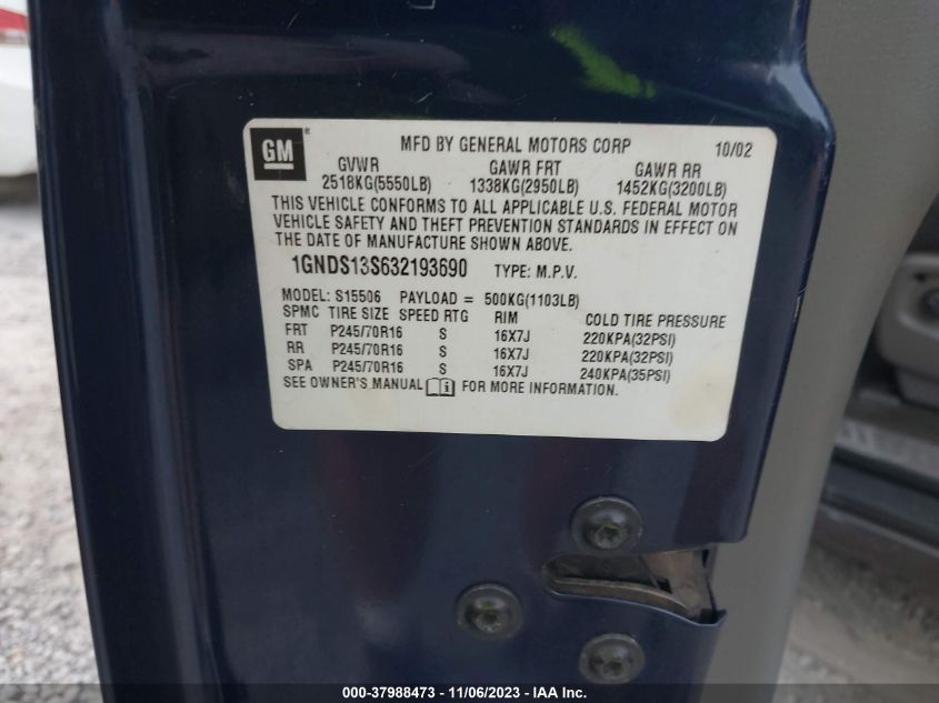 2003 Chevrolet Trailblazer Lt VIN: 1GNDS13S632193690 Lot: 37988473