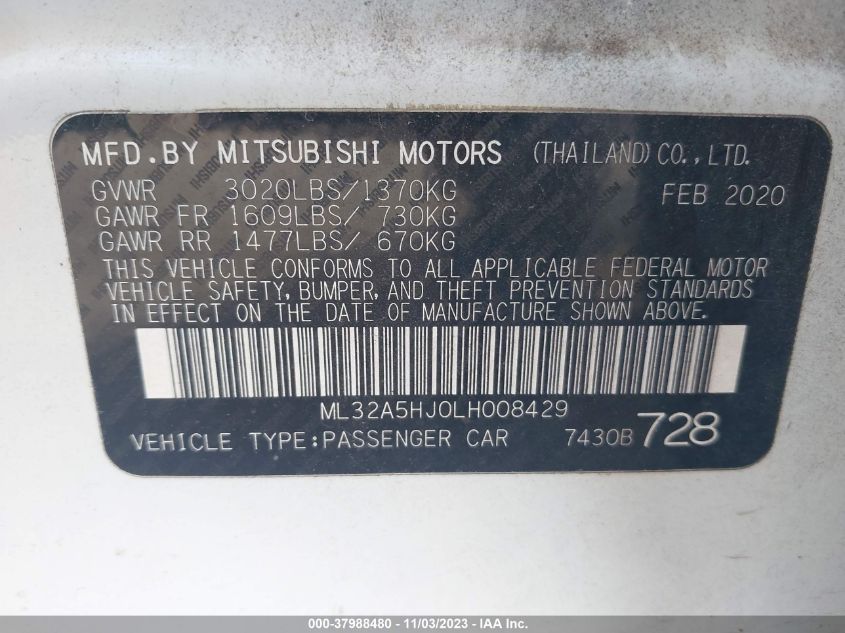 2020 Mitsubishi Mirage Le/Gt VIN: ML32A5HJ0LH008429 Lot: 37988480