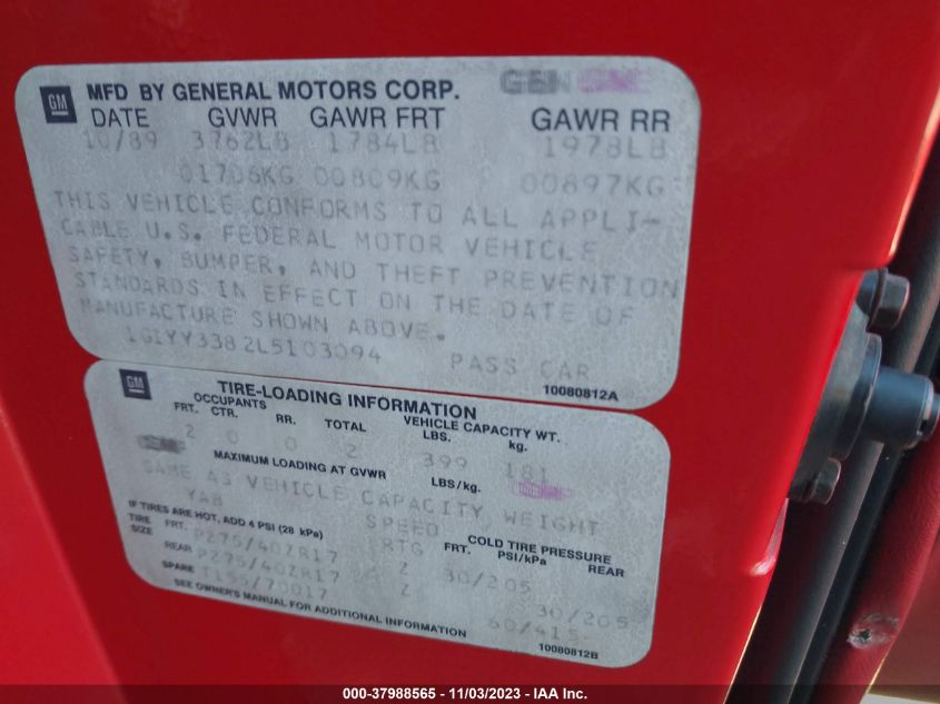 1990 Chevrolet Corvette VIN: 1G1YY3382L5103094 Lot: 37988565