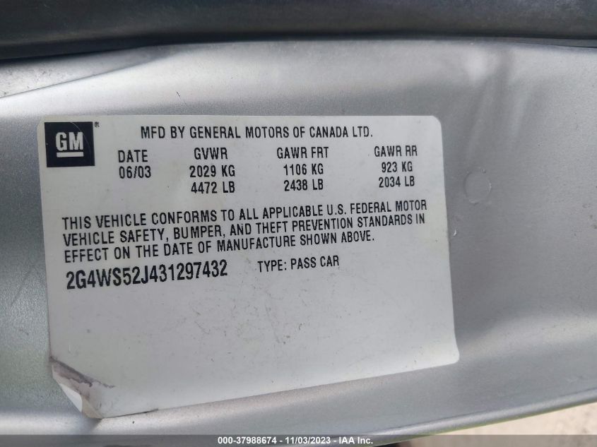 2003 Buick Century Custom VIN: 2G4WS52J431297432 Lot: 37988674