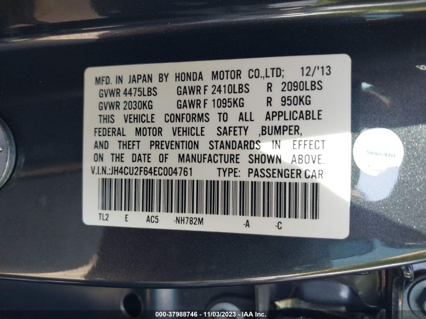 2014 Acura Tsx 2.4 VIN: JH4CU2F64EC004761 Lot: 37988746