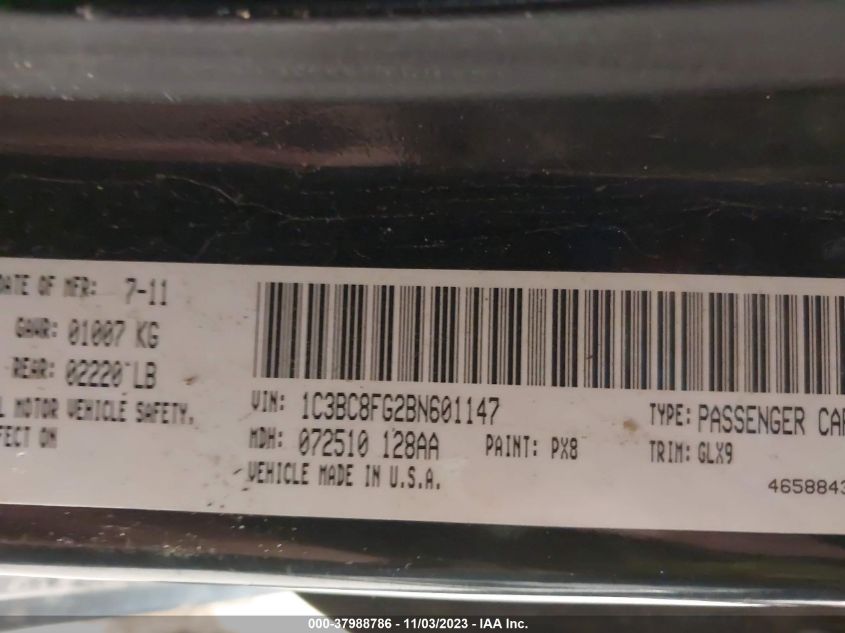 2011 Chrysler 200 S VIN: 1C3BC8FG2BN601147 Lot: 37988786