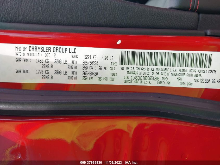 2013 Dodge Durango R/T VIN: 1C4SDHCT8DC651205 Lot: 37988830