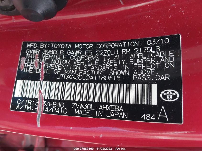 2010 Toyota Prius Ii/Iii/Iv/V/I VIN: JTDKN3DU2A1180618 Lot: 37989100