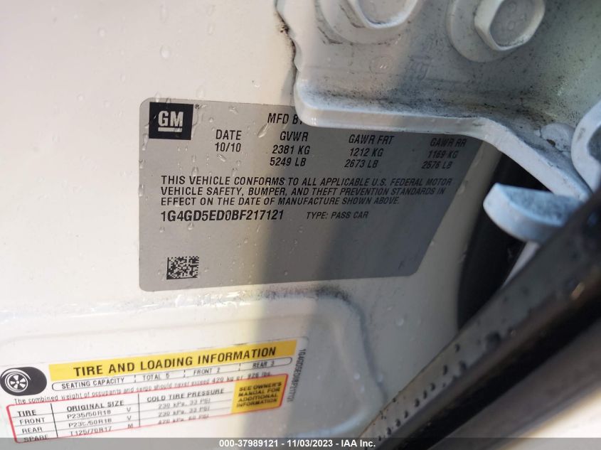 2011 Buick Lacrosse Cxl VIN: 1G4GD5ED0BF217121 Lot: 37989121