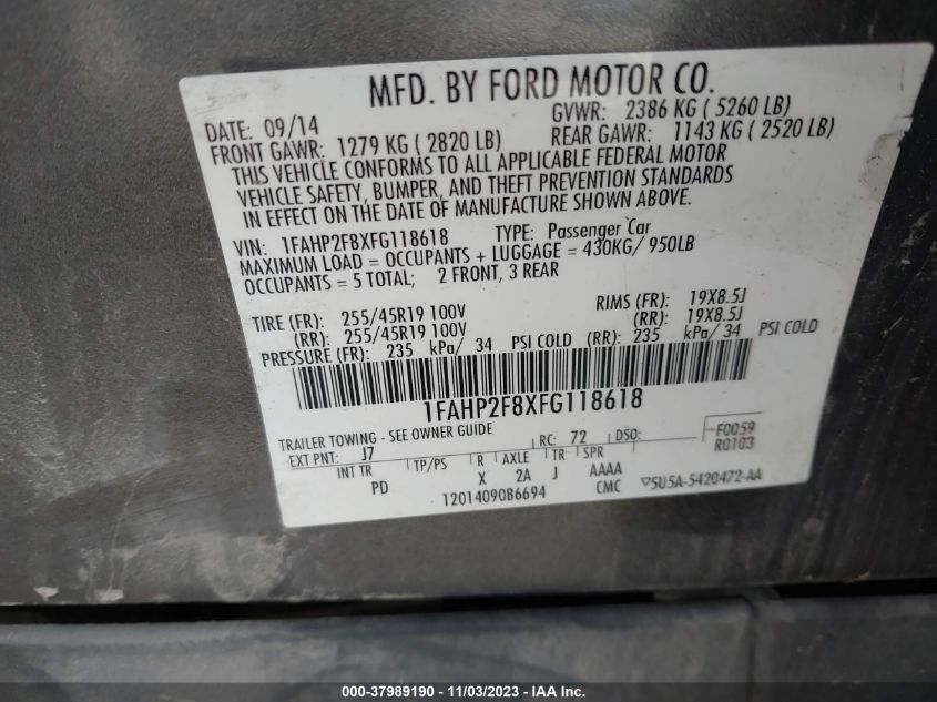 2015 Ford Taurus Limited VIN: 1FAHP2F8XFG118618 Lot: 37989190