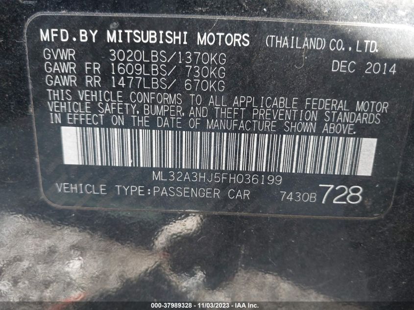 2015 Mitsubishi Mirage De/Rf VIN: ML32A3HJ5FH036199 Lot: 37989328