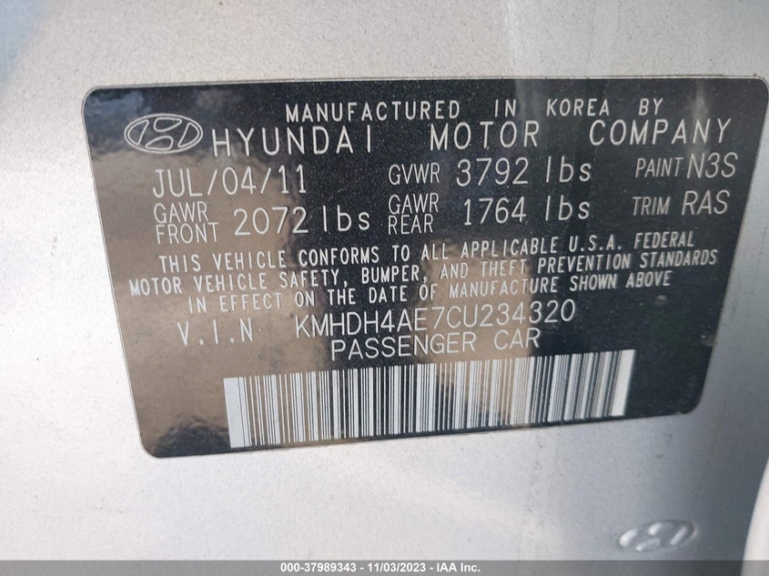2012 Hyundai Elantra Gls Pzev VIN: KMHDH4AE7CU234320 Lot: 37989343