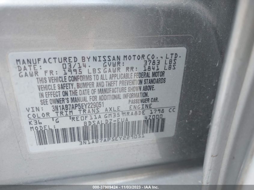 2014 Nissan Sentra Sv VIN: 3N1AB7AP5EY229051 Lot: 37989424