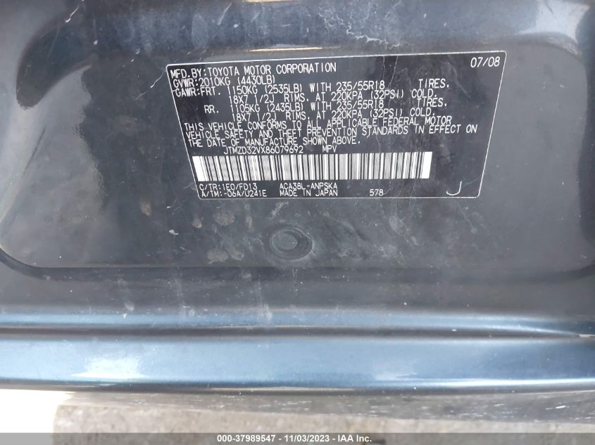 2008 Toyota Rav4 Sport VIN: JTMZD32VX86079692 Lot: 37989547
