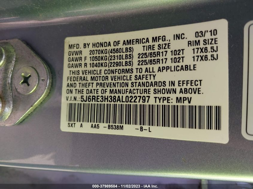 2010 Honda Cr-V Lx VIN: 5J6RE3H38AL022797 Lot: 37989584