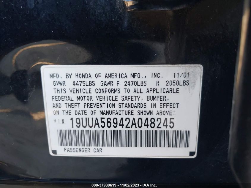 2002 Acura Tl Type S W/Navigation VIN: 19UUA56942A048245 Lot: 37989619