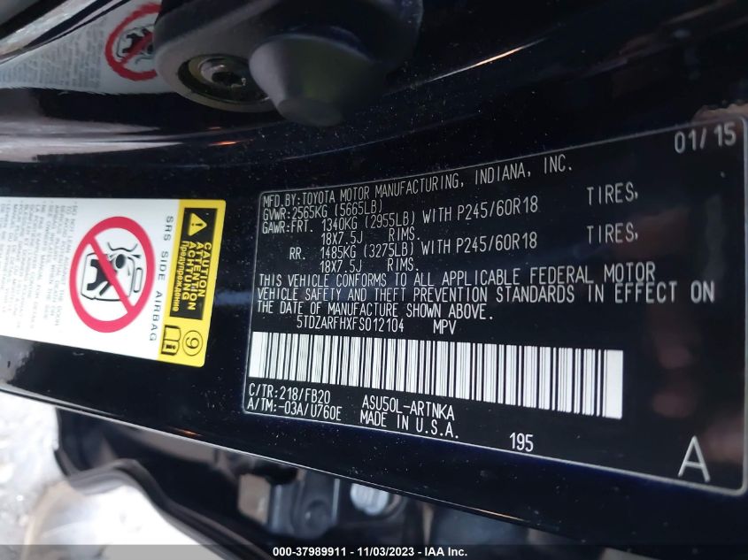 2015 Toyota Highlander Le VIN: 5TDZARFHXFS012104 Lot: 37989911