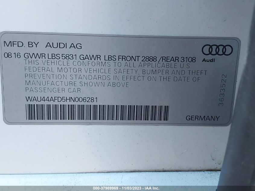 2017 Audi A8 L 3.0T VIN: WAU44AFD5HN006281 Lot: 37989969