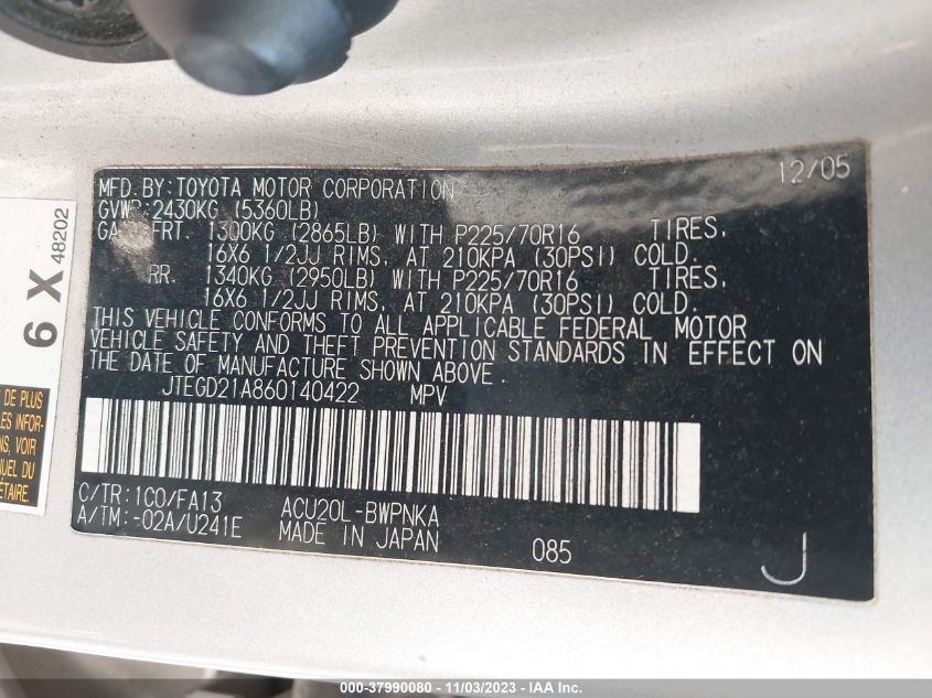 2006 Toyota Highlander VIN: JTEGD21A860140422 Lot: 37990080