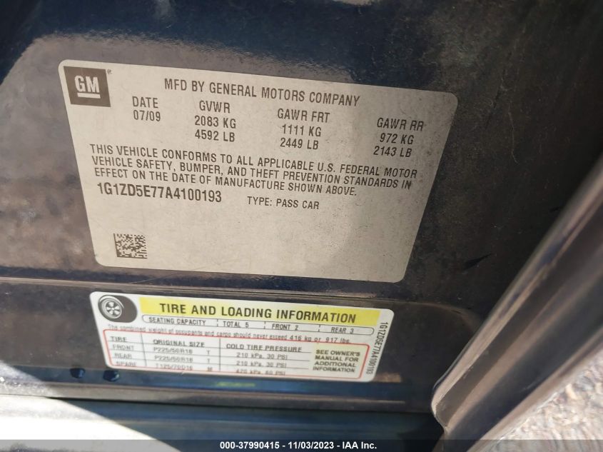 2010 Chevrolet Malibu Lt W/2Lt VIN: 1G1ZD5E77A4100193 Lot: 37990415