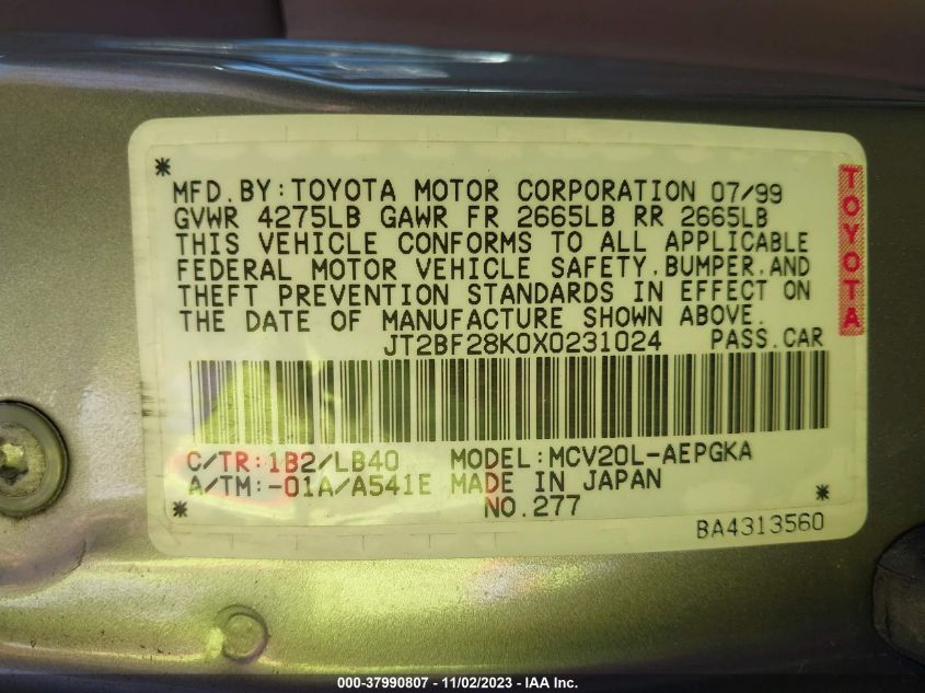 1999 Toyota Camry Le/Xle VIN: JT2BF28K0X0231024 Lot: 37990807