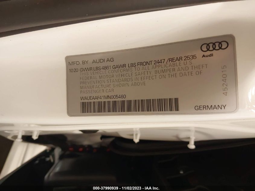 2021 Audi A4 Premium Plus 45 Tfsi S Line Quattro S Tronic VIN: WAUEAAF41MN005460 Lot: 37990939