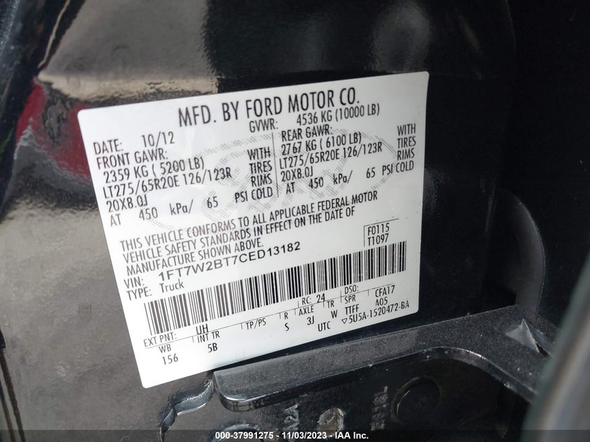 2012 Ford F-250 Lariat VIN: 1FT7W2BT7CED13182 Lot: 37991275