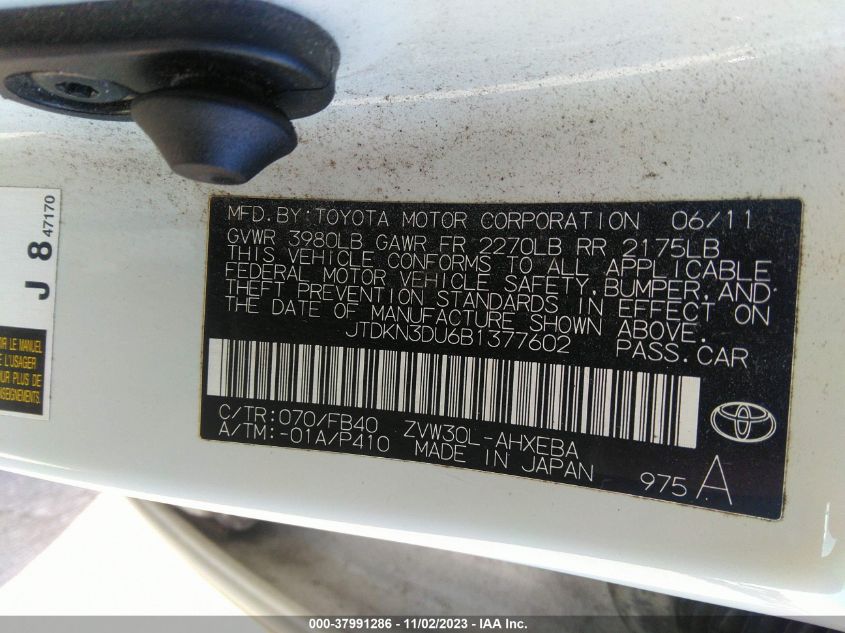 2011 Toyota Prius Three VIN: JTDKN3DU6B1377602 Lot: 37991286