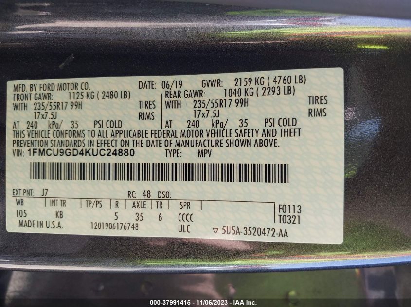 1FMCU9GD4KUC24880 2019 Ford Escape Se