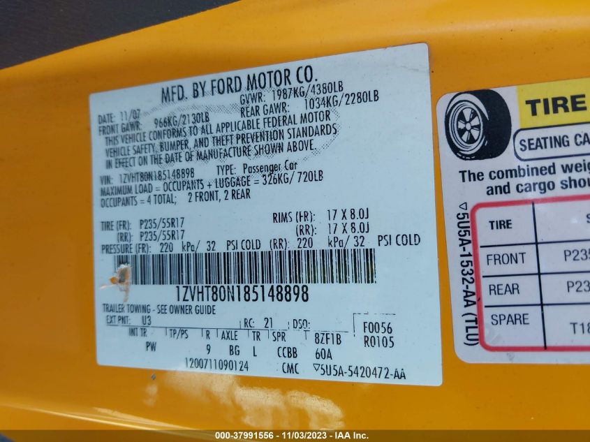 2008 Ford Mustang Deluxe/Premium VIN: 1ZVHT80N185148898 Lot: 37991556