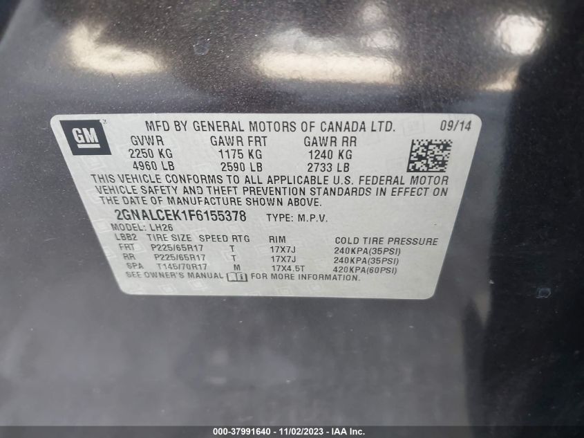 2015 Chevrolet Equinox 2Lt VIN: 2GNALCEK1F6155378 Lot: 37991640