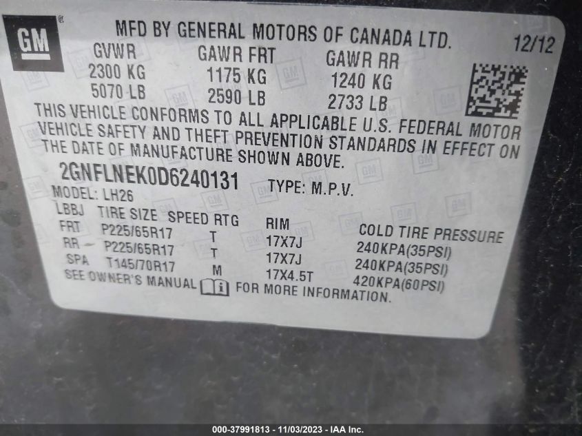 2013 Chevrolet Equinox 2Lt VIN: 2GNFLNEK0D6240131 Lot: 37991813