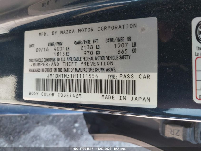 2017 Mazda Mazda3 Grand Touring VIN: JM1BN1M31H1111554 Lot: 37991817