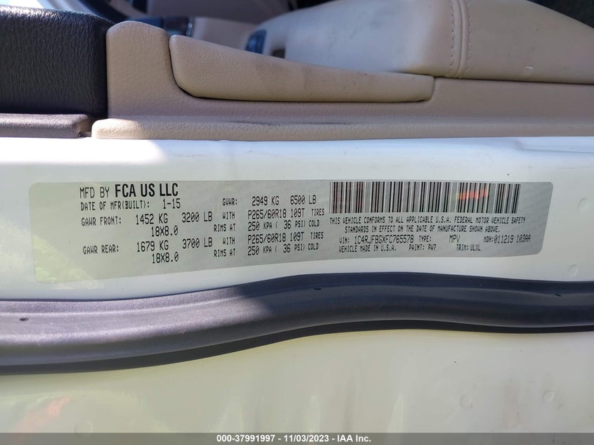 2015 Jeep Grand Cherokee Limited VIN: 1C4RJFBGXFC765578 Lot: 37991997