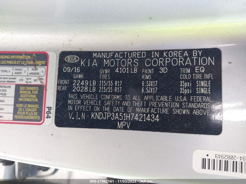 2017 Kia Soul + VIN: KNDJP3A51H7421434 Lot: 37992161