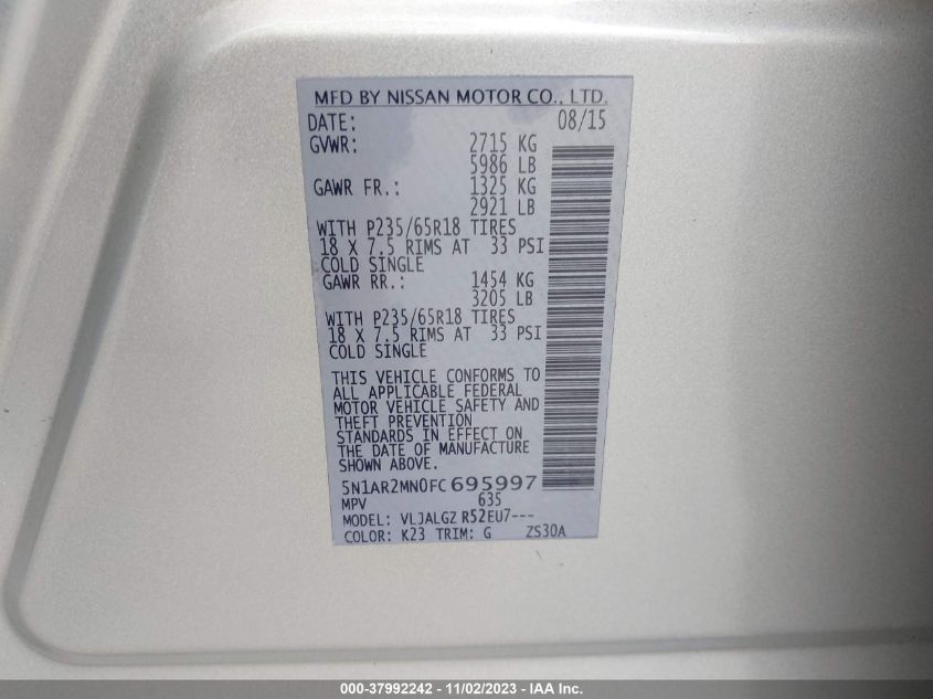 2015 Nissan Pathfinder S/Sv/Sl/Platinum VIN: 5N1AR2MN0FC695997 Lot: 37992242