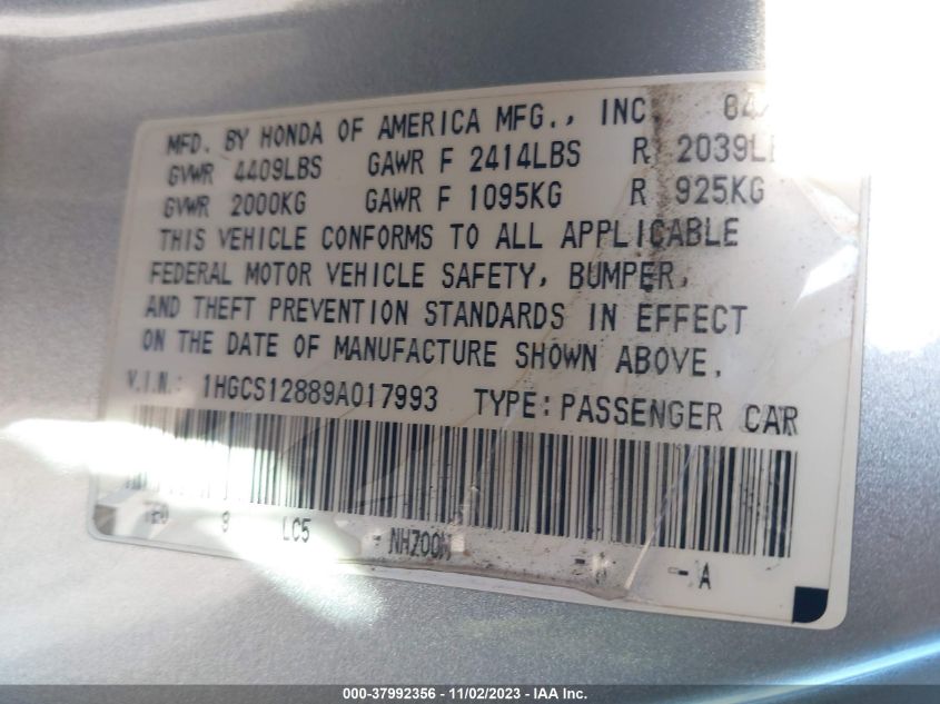 2009 Honda Accord Cpe Ex-L VIN: 1HGCS12889A017993 Lot: 37992356