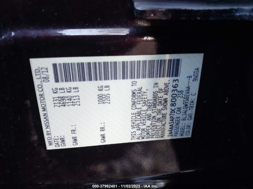 2013 Nissan Maxima 3.5 S VIN: 1N4AA5AP7DC800363 Lot: 37992481