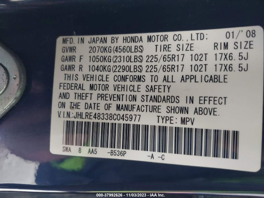 2008 Honda Cr-V Lx VIN: JHLRE48338C045977 Lot: 37992626